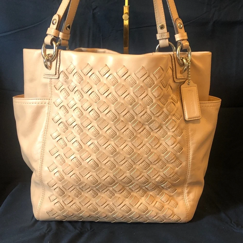 Coach woven leather tote bag EUC 12” x 12” palest pink tan color Rare